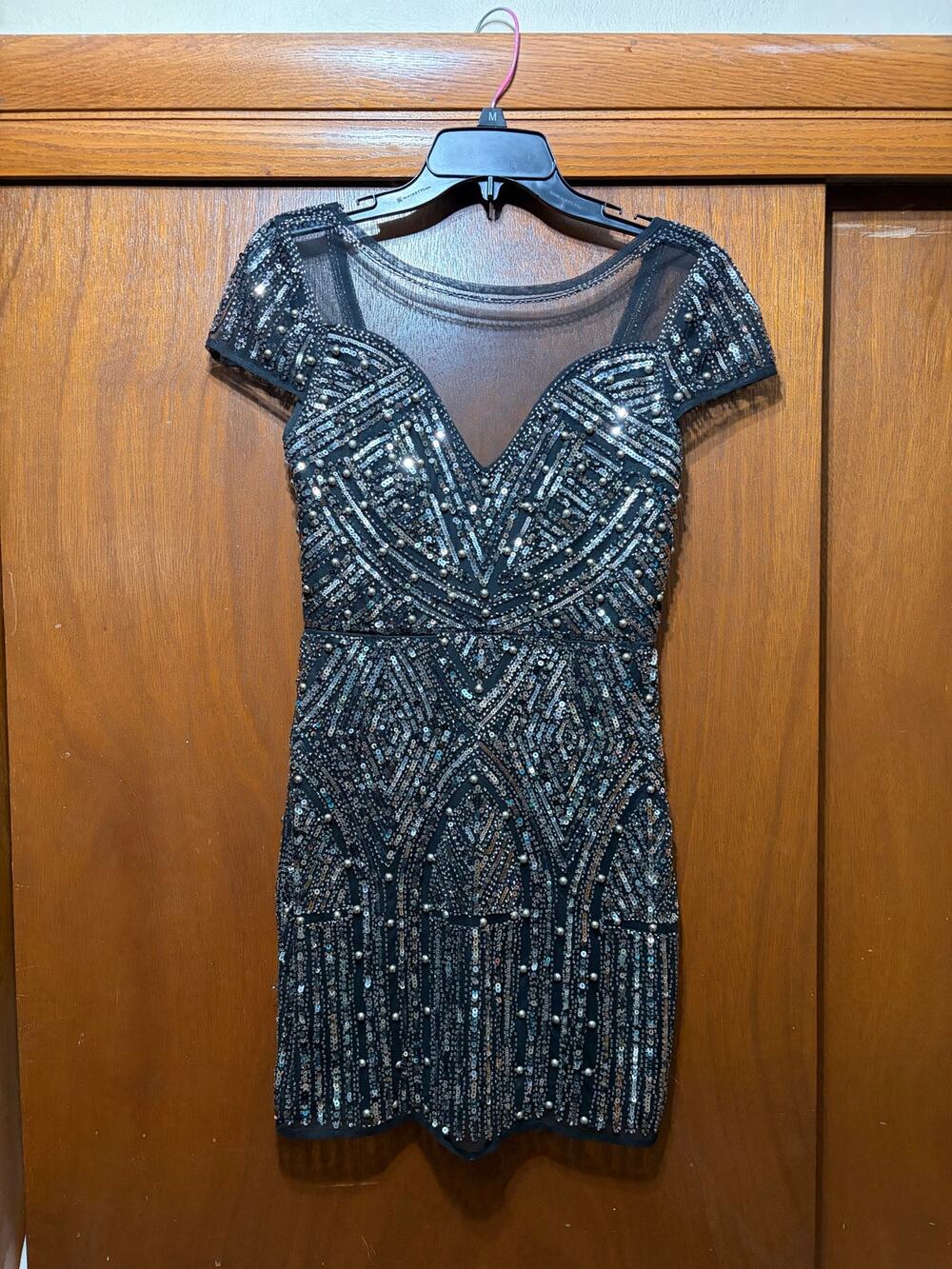 Windsor Black Beaded Sequin Mini Dress Small Bodycon Mesh Short Sleeve